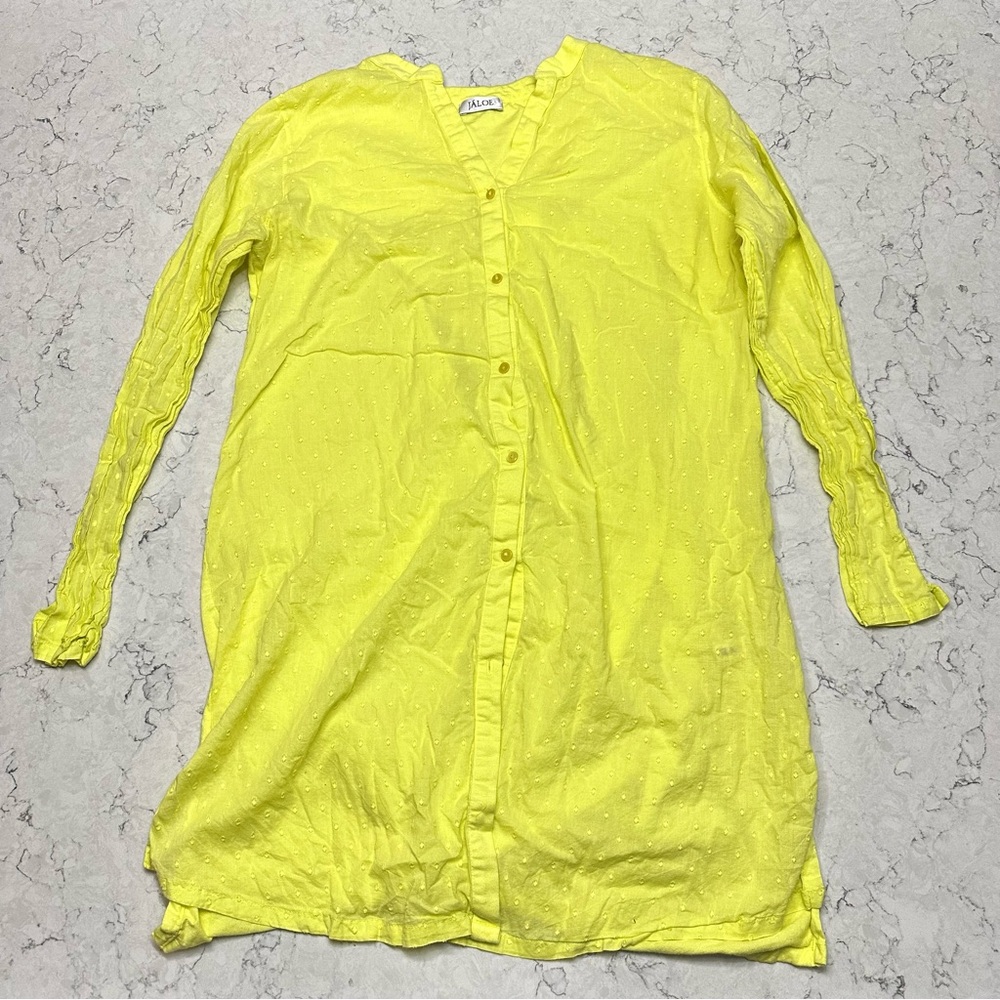 Jaloe Women's Large Yellow Tunic Shirt Button Down Long Sleeve Sheer